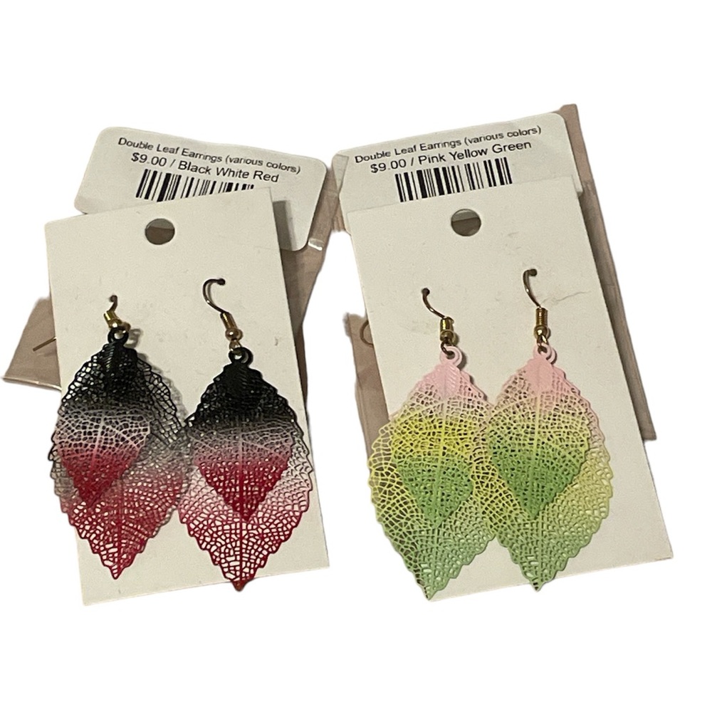 Double leaf earrings (set of 2) includes black/white/red and pink/yellow/green